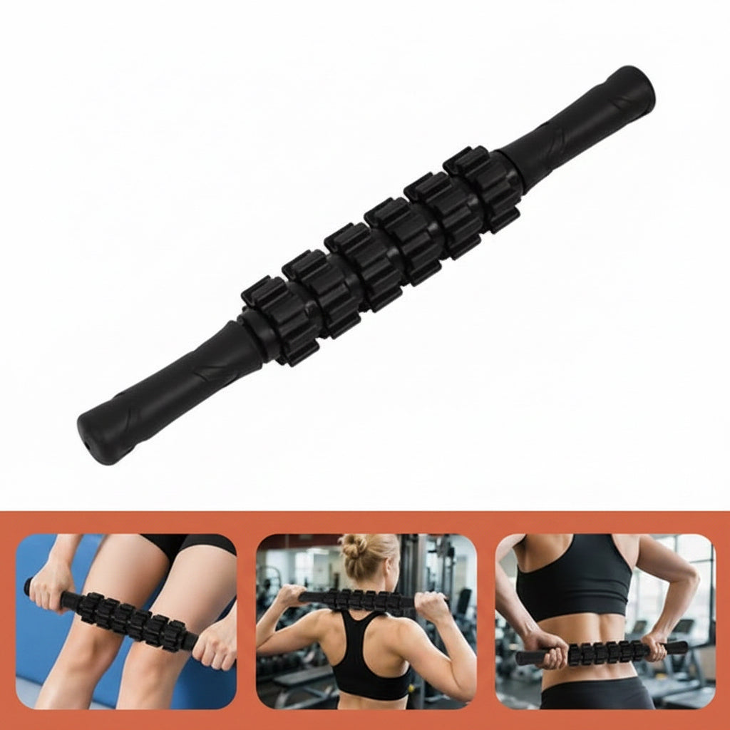 Black muscle roller with text in Spanish on a white background