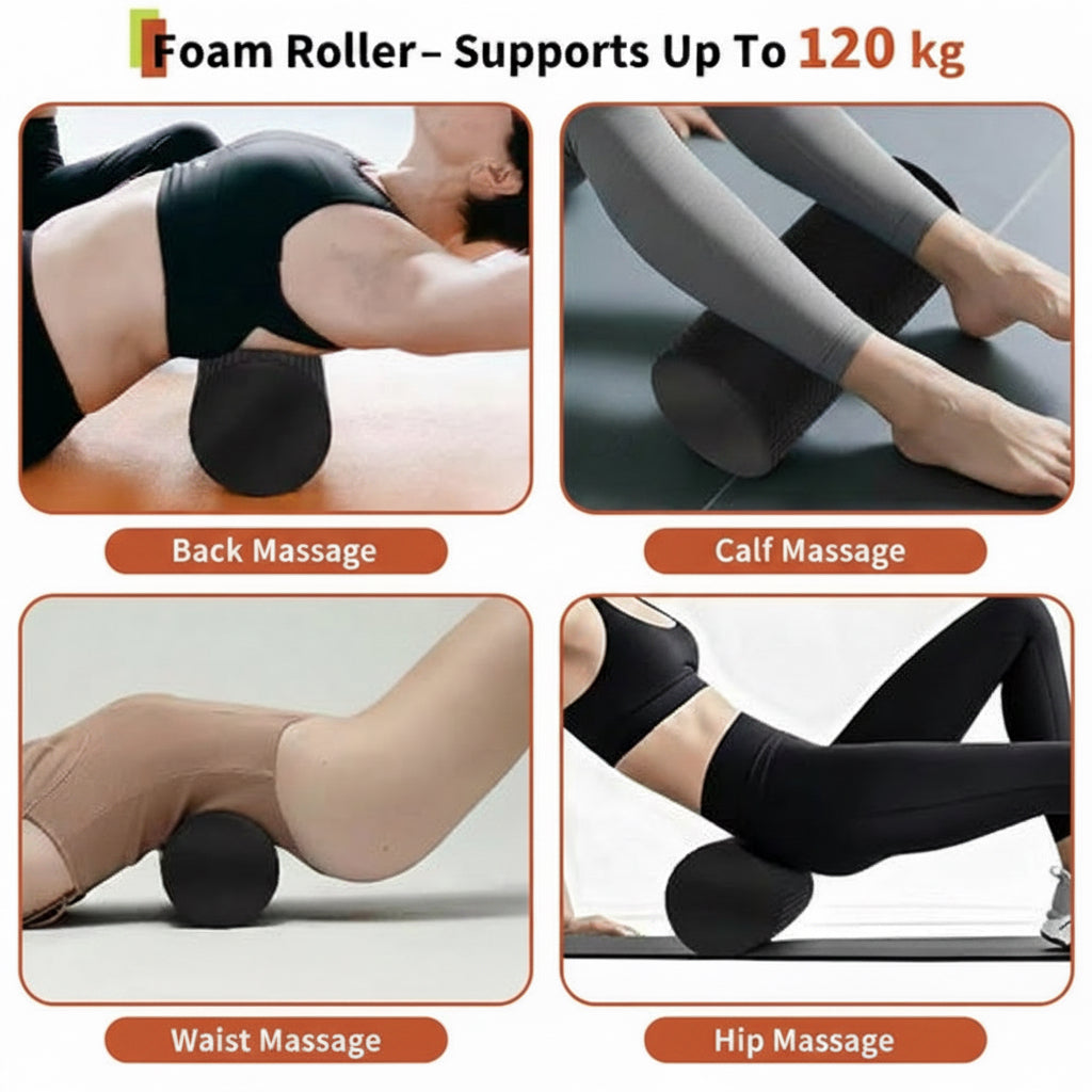Foam roller being used for back, calf, waist, and hip massage with text indicating weight support and various massage points.