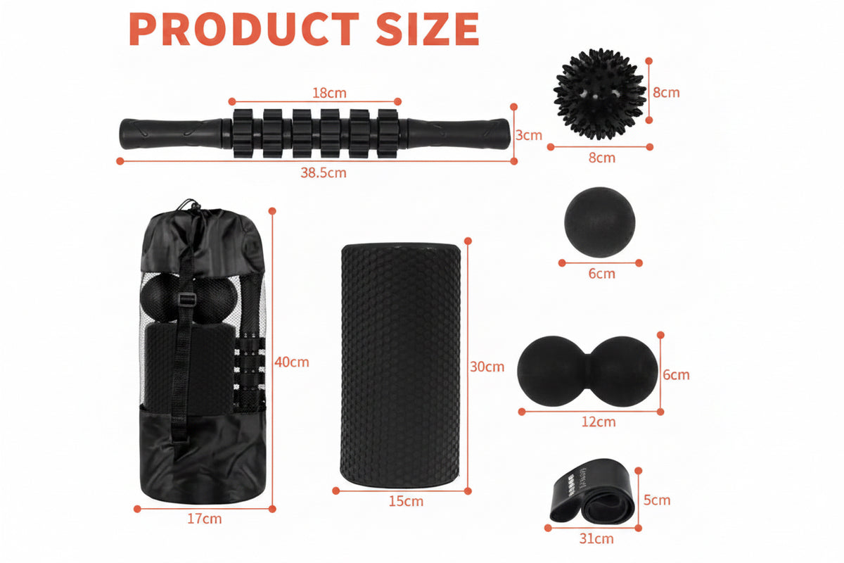 Black massage tool set with dimension labels: a textured cylindrical foam roller, a dual-ended ball roller, a spiky massage head, and a black storage bag, shown on a white background with blue measurement lines and text.