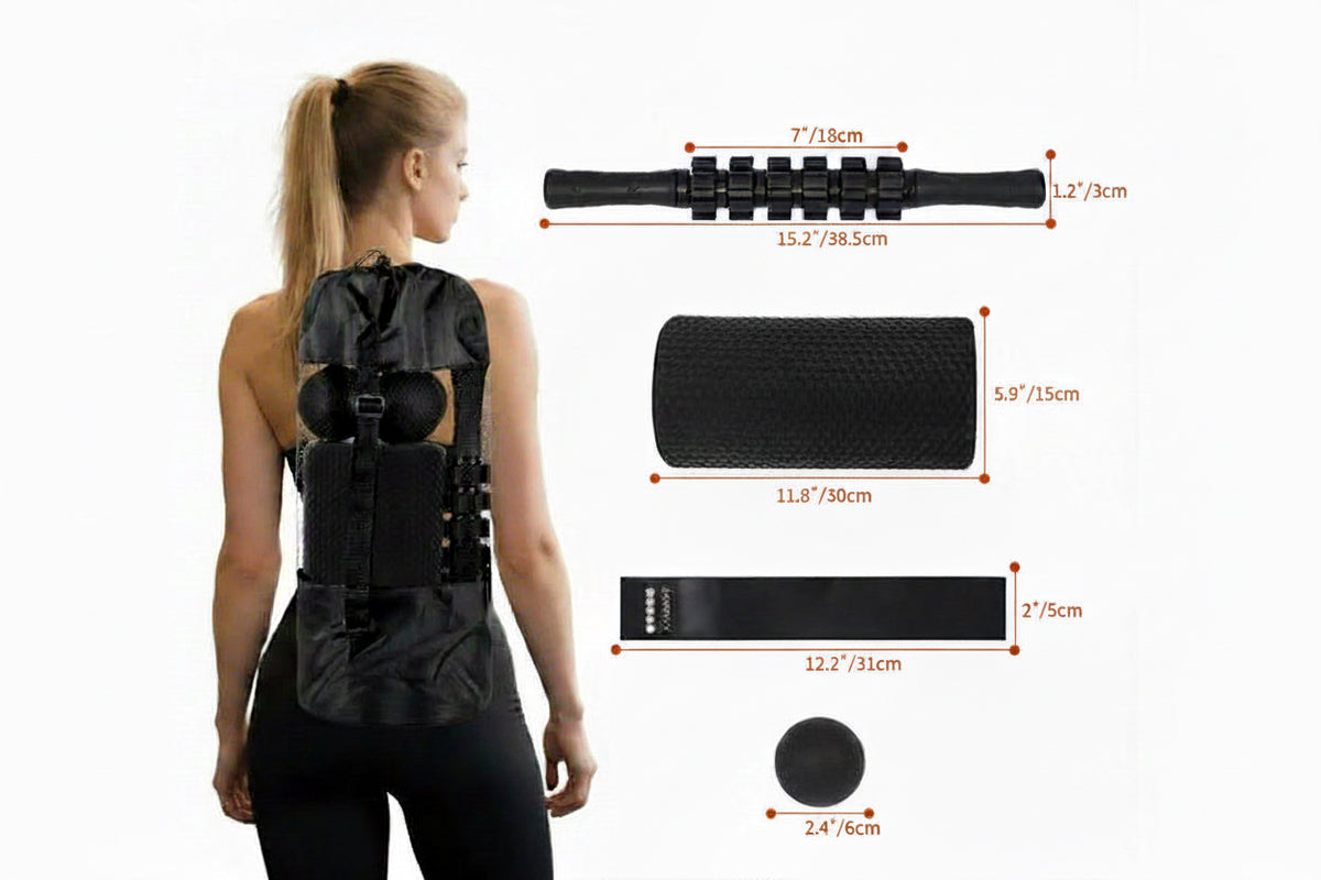 Back posture brace shown on a woman from the back, with product dimensions labeled for the strap, support panel, waist band, and round pad on a white background.